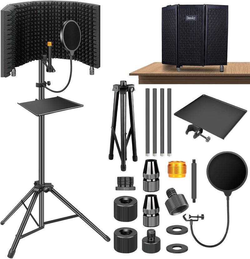 Dmsky Microphone Isolation Shield with Pop Filter & Tripod Stand, Foldable Mic Shield with Triple Sound Insulation, High Density Mic Sound Shield for Recording Studio, Podcasts, Singing, Broadcasting - Image 1